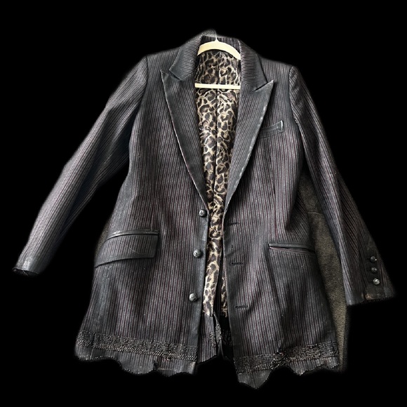 Black Pinstripe Blazer with Leopard Lining